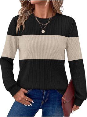 Women's Black Beige Long Sleeve Crew Neck Imported Casual Tops Cozy Sweater
